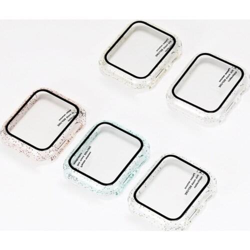 For Apple Watch 6/5/4/3/2/1 Watchcases New Clear Glitter Hard PC Shell+Tempered Glass Screen Protector Smartwatch Accessories
