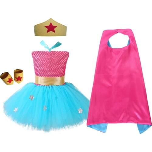 Kids Superhero Costume Sky Blue Knee Length Girls Tutu Dress set With Stars Children Birthday Halloween Clothes Outfits Gifts