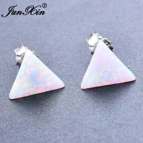 JUNXIN Simple Female Triangle White & Blue Fire Opal Stud Earring Silver Color Jewelry Double Earrings For Women