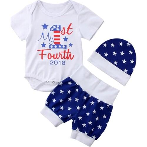 2018 Unisex Baby Girl Boy USA Flag Romper Tops+Star Short Pant+Hat 3Pcs Outfit Clothes Set