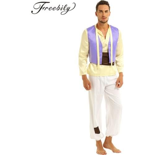 4Pcs Mens Arabian Prince Halloween Cosplay Costume Outfit V-neck Long Sleeve Undershirt with Pants for Carnival Party Costumes