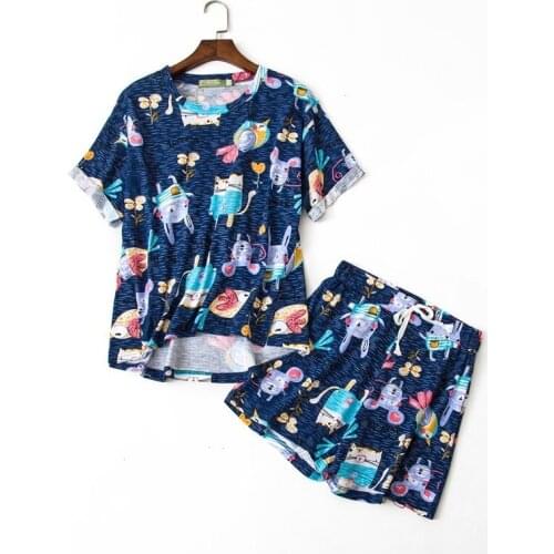 2021 Summer Female Casual Cartoon Pajama sets Ladies Cotton Sleepwear suit Women Short sleeve O-neck collar t shirt & Shorts XL