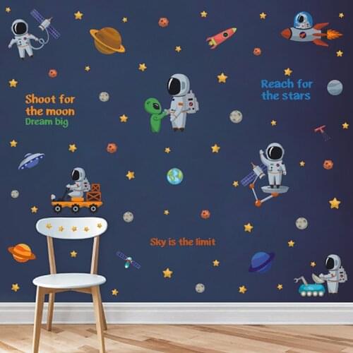 Cute Space Astronaut Wall Stickers for Kids Children Room Decor Planets Wall Decals Wallpaper self-adhesive Bedroom Wall Decor