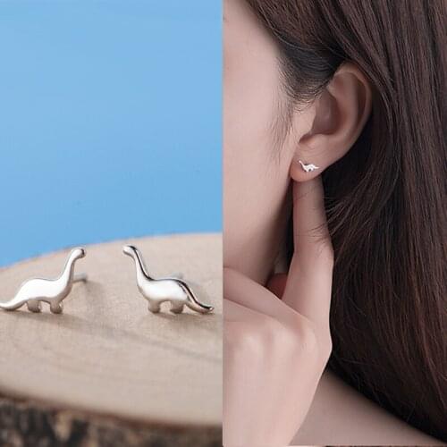 Cute Female Small Dinosaur Earrings Fashion 100% Real 925 Sterling Silver Stud Earrings For Women Animal Jewelry