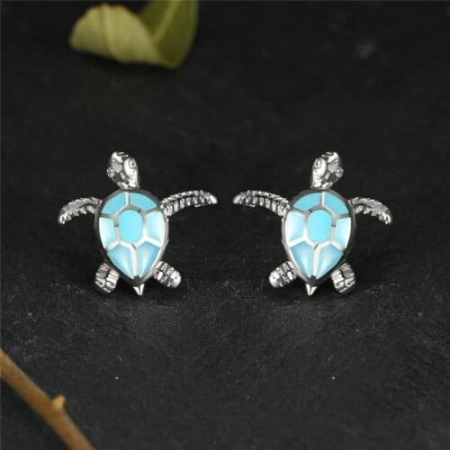 Fashion Silver Color Wedding Earrings Cute Sea Turtle Small Stud Earrings Dainty Female White Blue Opal Stone Earrings For Women