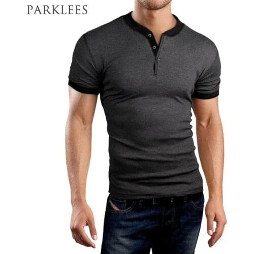 New Arrival Gray T shirt Men Tee Shirt Homme Summer Brand Slim Fit Short Sleeve Henley Shirt Casual Cotton V Neck Tshirt Homme