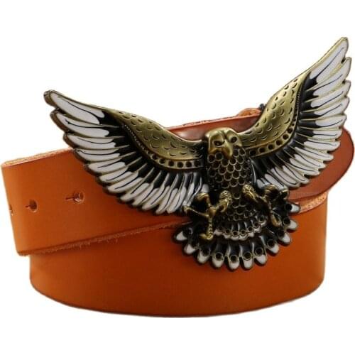 Big eagle buckle full grain cowhide genuine leather gold smooth buckle fashion real high quality mens belts luxury high quality