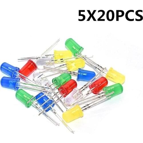 100 Pcs 5mm LED Light Assortment LED Craft Kit Set White Yellow Red Green Blue 5 Kinds X 100 Pcs