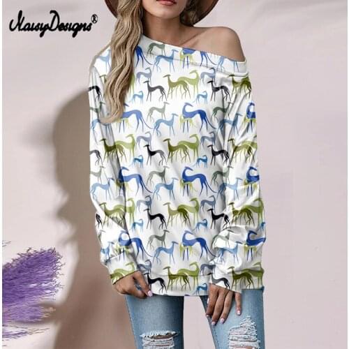 Noisydesigns Women Off Shoulder Tops Greyhound Dog Print Creativity Ladies Long Sleeve Casual Pullover T-shirt Vestidos Mujer