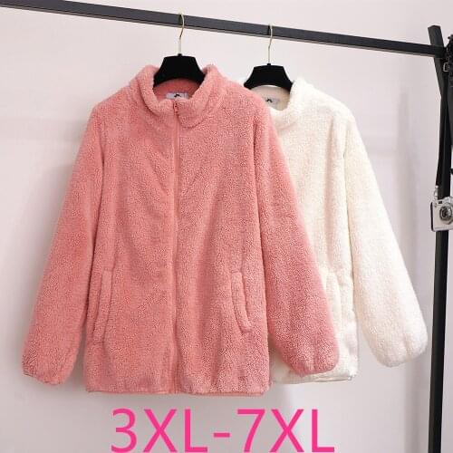 New autumn winter plus size jacket for women large casual loose velvet thick warm wool short coats pink white 4XL 5XL 6XL 7XL