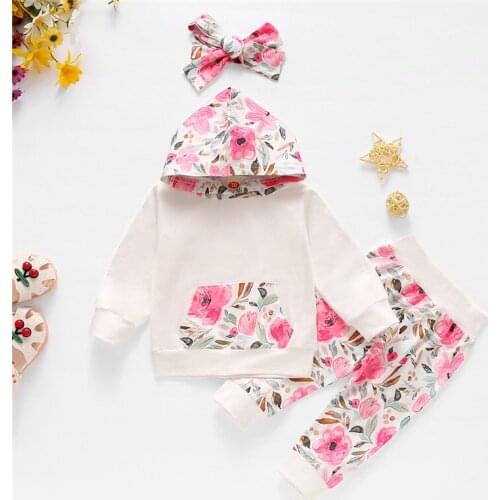 0-24M Newborn Kid baby Girl Autumn Winter Clothes set Long Sleeve Hooded Sweatshirt Pant suit Cute Sweet Floral Outfit
