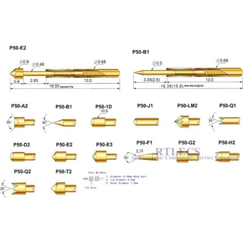 100pcs Spring Loaded Test Probe P50 Series Bare PCB Testing Probe Pogo Pin Gold Plated Rated 3A Tip Style Choose to Order