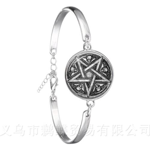 Satanic Baphomet Pentagram Bracelet Gothic Silver Plated Bangle Satanism Evil Occult Pentacle Jewelry Pagan Charm Bangle