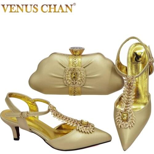 Special Design 2021 Summer Shoes and Bag Set in Golden Color High Quality Italian Lady Shoes Matching Bag for Garden Party