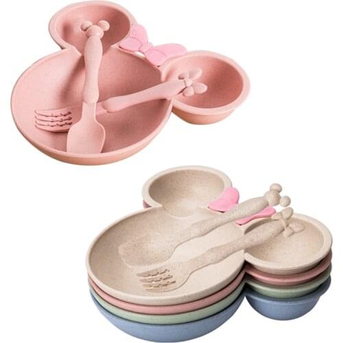 3Pcs/Set Baby Cartoon Tableware Dish Wheat Bowl Anti-hot Toddle Kids Dinner Feeding Food Plate Children Training Bowl Spoon Fork