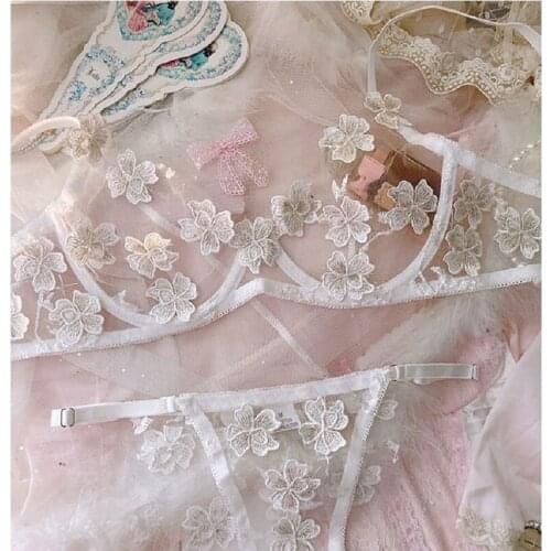 Dark black white mesh lingerie see-through transparent flowers sexy underwear ultra-thin bra set big breasts are small