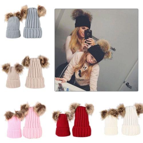 Mother and Dauther Warm Animal Winter Woman Hat Parent-child Baby Cap Double 2 Ball Beanie
