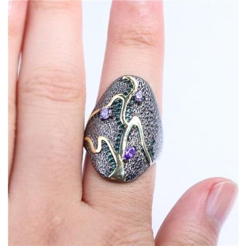 Walerv New Luxury Brand Retro Fashion Black Gold Ring for Women Set Zircon Stone Crystal Femme Finger Gifts