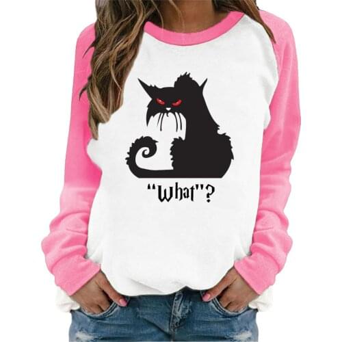 T Shirt Women Korean Style Summer Cat Printing Long Sleeve Pullover Tops Oversized Round Neck Graphic Tee Vacation Casual Tops