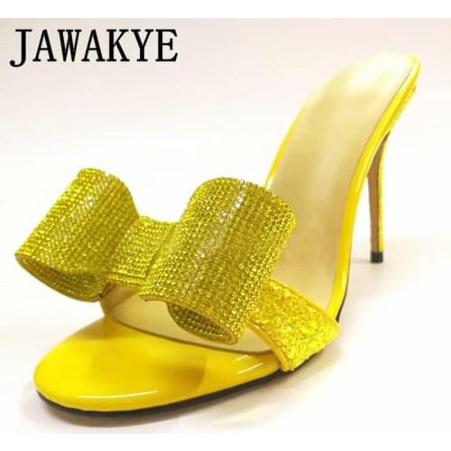New Rhinestone Bow High Heels Slippers Women Sandals Crystal Diamond Summer Shoes Runway Designer Mules Gold Slides Women
