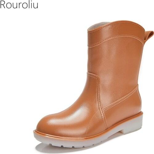 Rouroliu 2021 Women Mid-Calf Rain Boots Outdoor PVC Water Boots Adult Non-Slip New Rain Shoes