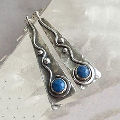 Vintage Silver Color Drop Earrings For Women Blue Stone Resin Long Hanging Twist Beaded Dangle Earrings Pendientes 2019 O3D263