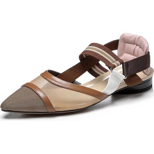 Brand Design Women Cow Leather Flats Pointed Toe Sling Back Slip On Mesh Mixed Color Casual Street Summer Shoes Big Size 34-43