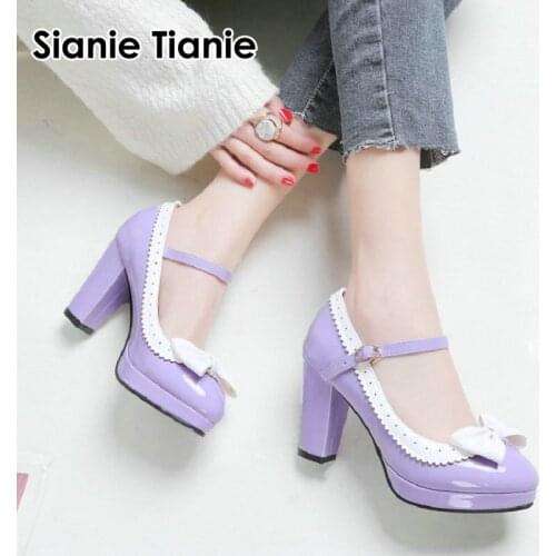 Sianie Tianie size 33-48 lady shoes patent pu leather purple pink block high heels women mary janes shoes pumps with bowtie knot