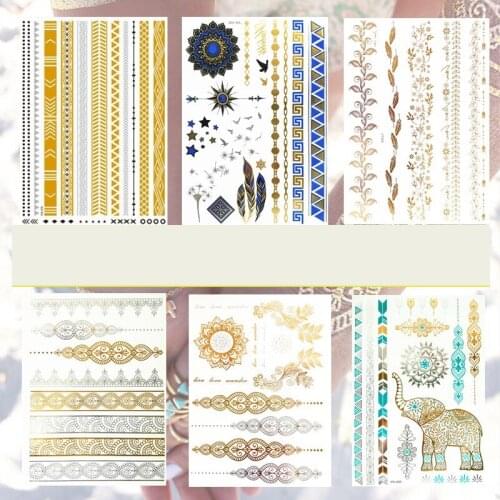 6 pieces Golden Temporary Tattoo Sticking Golden Waterproof Woman Persistent Simulation Sexy Clavicle Finger Seaside