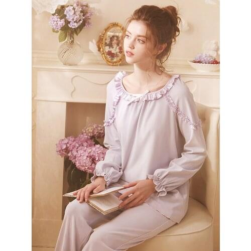 Free Shipping 2020 New Winter Womens Princess Pajamas Long Pants Set Purple Sleepwear Home Cloth Lace Vintage pijamas