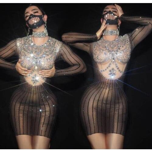 Shining Inlaid Rhinestone Perspective Women Short Dresses Long Sleeve Tight Stretch Dress Nightclub Costumes Evening Prom Outfit