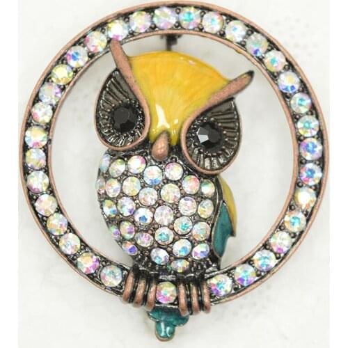 Antique copper Clear AB Rhinestone Enamel Owl Pin brooches C830 F3