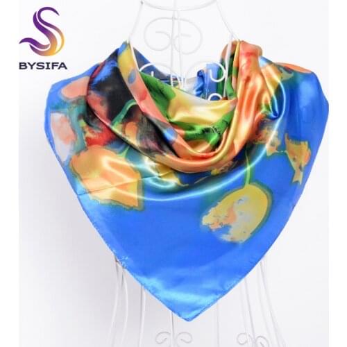 [BYSIFA] Blue Polyester Silk Scarf Printed For Women New Brand Women Big Square Silk Scarf Shawl Muslim Head Scarf Echarpe