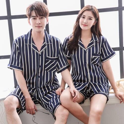 Couple Pajama Sets Silk Satin Pijamas Striped Short Sleeve Shorts Sleepwear Home Suit Pyjama Lovers' Clothes