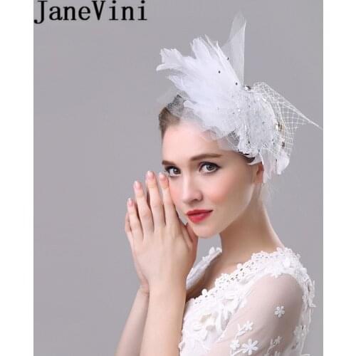 JaneVini Fashion White Wedding Hats for Women Mesh Hat Beaded and Feathers Tulle Bridal Face Veils Headpiece Tocados De Novias