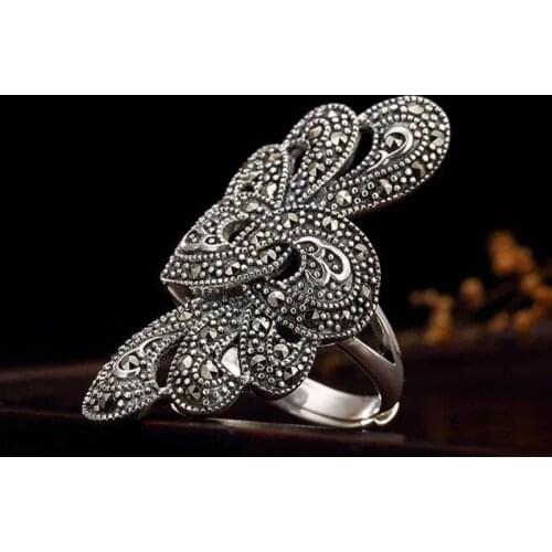 RetroSterling Silver Color Jewelry Thai Silver Personality Exquisite Peacock Feather Wings Wear Peony Accessories Female Rings