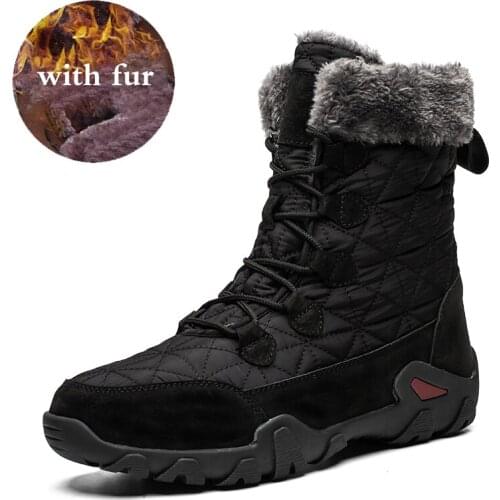Hot Men Winter Warm Fur Plush Suede Leather Waterproof Fabric Ankle Snow Boots Male High Top Anti Slip Rubber Large Size 38-47