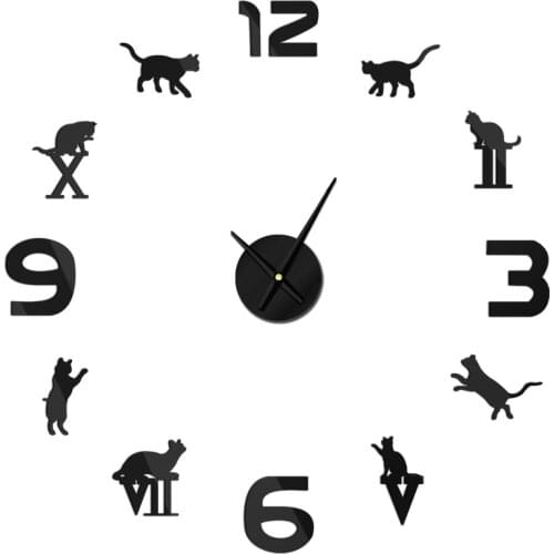Roman Arabic Numerals Mixed DIY Large Kitty Cat Wall Clock Modern Design Animal Home Decor Wall Watch Time Clock