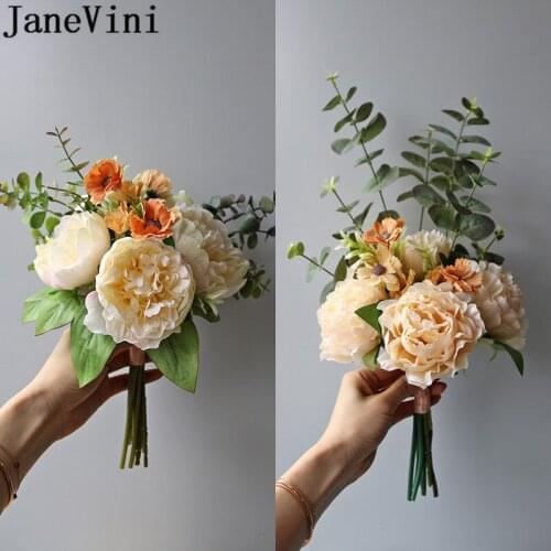 JaneVini Champagne Peonies Bridemaid Flower Small Wedding Bouquet for Bride Flower Girls Ramo Peonias Artificial Brooch Bouquets