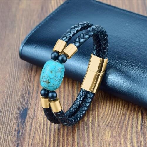 Newest Unique Natural Stones Turquoises Charm Stainless Steel Bracelets Punk Man Bracelet Genuine Leather Bracelet