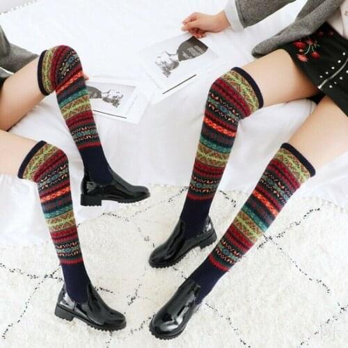 OLOMLB Women Splice Color Round Toe Knitted Floral Pull on Over Knee High Boots Comfy Warm Winter Shoes Plus Size 34-48