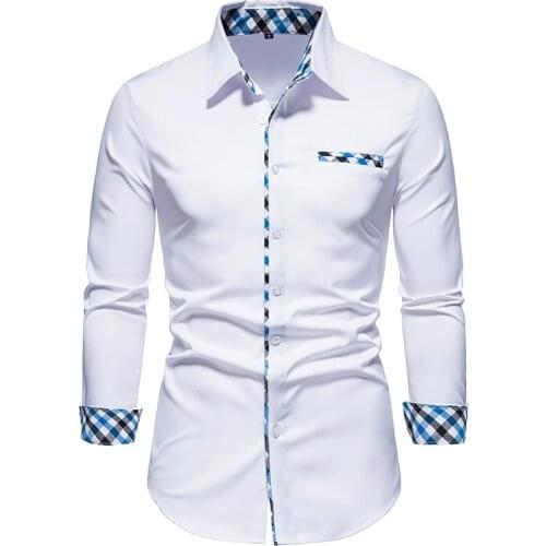 PARKLEES 2021 Autumn Plaid Patchwork Button Up Black Shirt Men Slim Long Sleeve Dress Formal Shirts for Men Office Chemise Homme