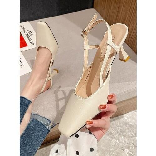 Womens shoes 2021 new solid color square toe shallow mouth sandals fashion simple black Baotou stiletto heels