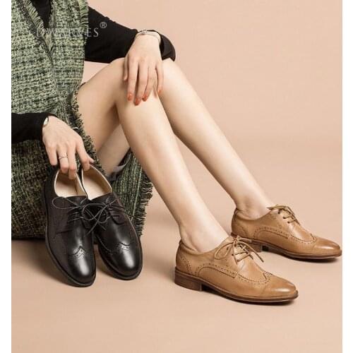 Womens Handmade Sheepskin Brogue Oxfords & Tie Low Heel Elegant Brown/Black