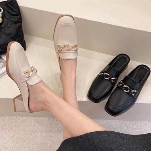Women Slippers 2021 New Thick Heels Square Toe Office Mules Ladies Slides Non-Slip Vintage Chain Rhinestone Casual Ladies Shoes