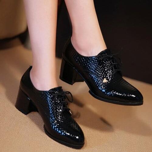Fashion Womens Spring Shoes High Thick Heel Oxfords Female Shoes Patent Leather Shoes with Platform Crocodile Grain Size 33--42