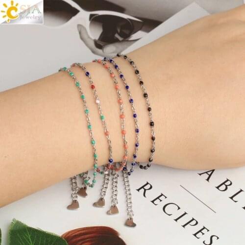 CSJA Silver Color Stainless Steel Bracelet for Girl Women Heart Charms Enamel Beads Summer 2021 Bracelets Inoxydable Femme S727