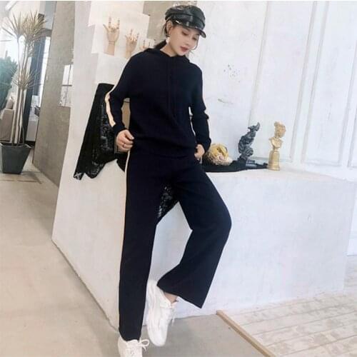 2021 Autumn Winter Women Solid Color Hooded Pullover Knit Sweater + Casual Wide Leg Pants Fashion Two Piece Set
