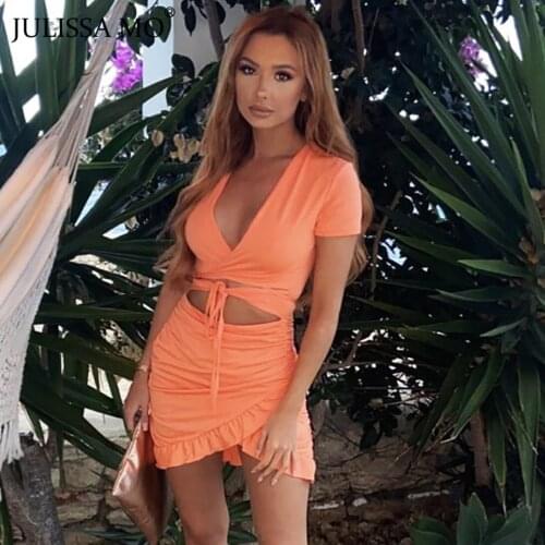 JULISSA MO Short Sleeve Hollow Out Ruffles Mini Bodycon Dress 2021 Women Sexy V-neck Lace Up Dress Robe Femme Elegant Streetwear