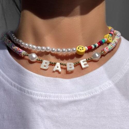 Bohemia Custom Shell Letter Polymer Clay Beaded Necklace For Women Candy Bead Pearl Name Initial Choker Collar DIY Femme Jewelry
